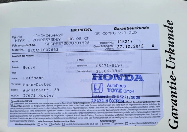 Honda CR-V cena 68800 przebieg: 77000, rok produkcji 2012 z Krasnobród małe 742